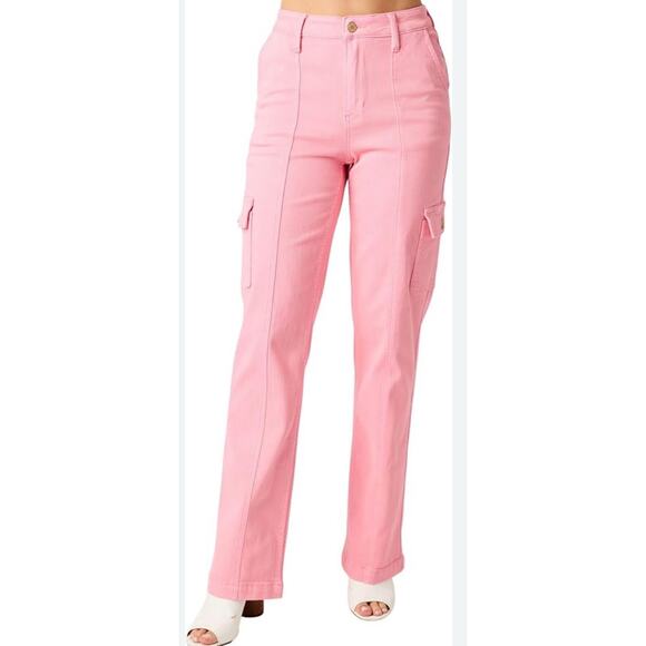 Judy Blue Denim - Judy Blue Size 15 32 High Rise Tummy Control Wide Leg Cargo Jeans Pink NWT